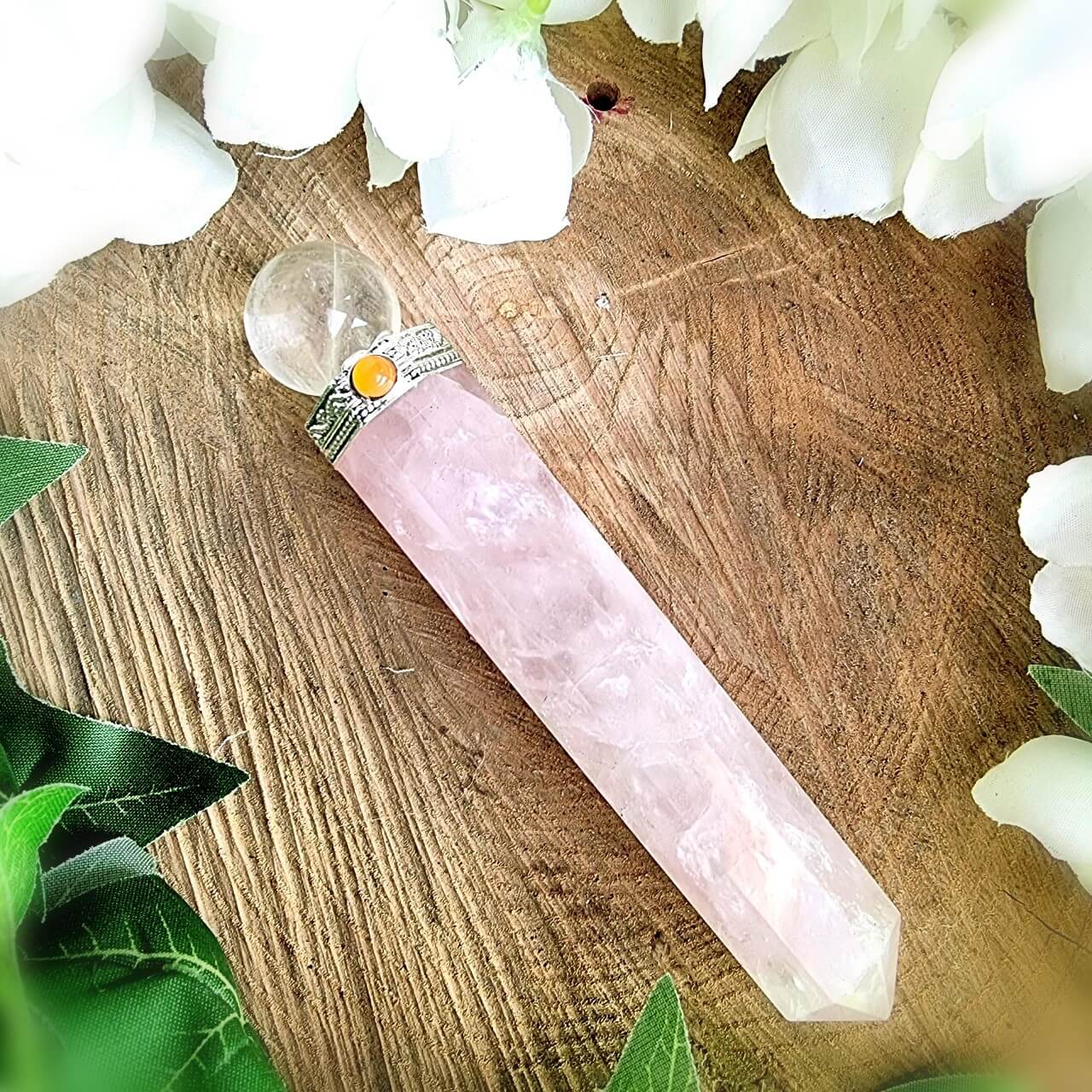 Rose Quartz Wand With Quartz Ball Purple Lotus