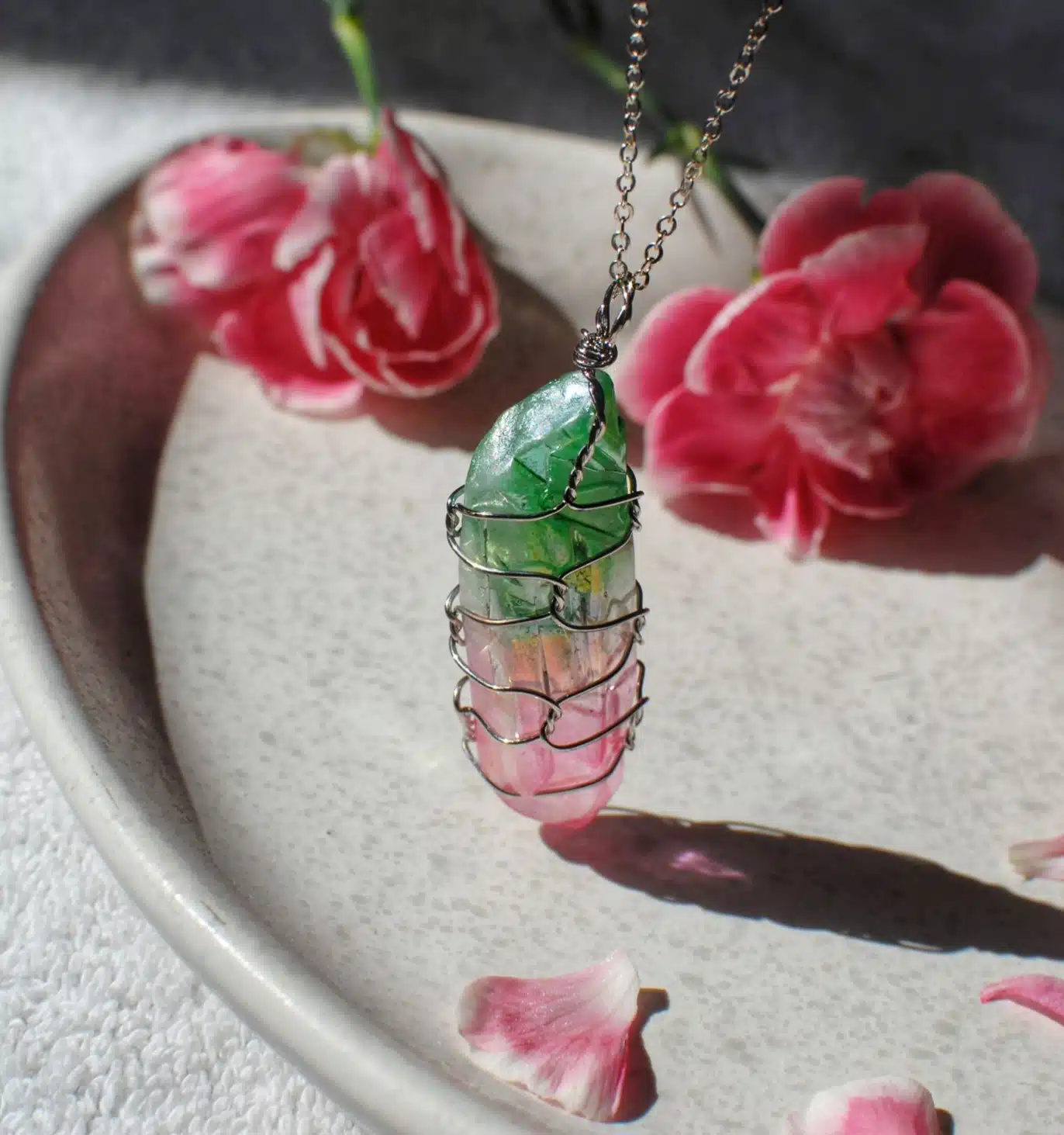 Pink & Green Aura Quartz Pendant