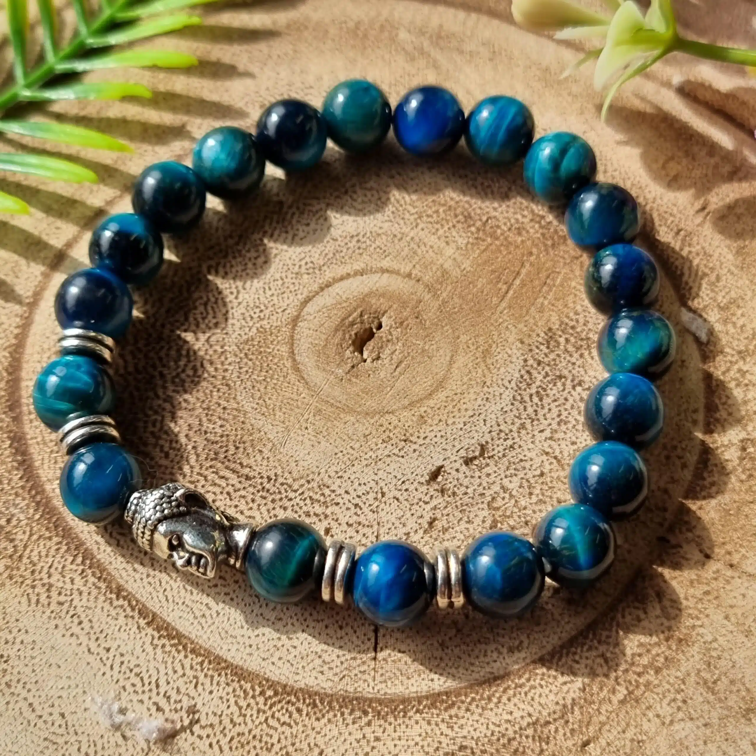 Blue Tigers Eye Buddha Charm Crystal Bracelet